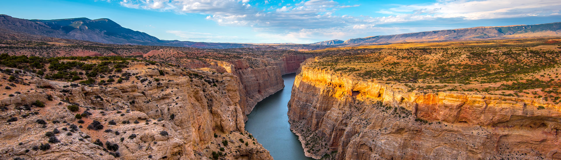 Picture of a desert with a river flowing through a deep canyon